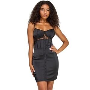 Katia Rae Corset Mini Dress XL Black Satin Bodycon Lace Bust NWT